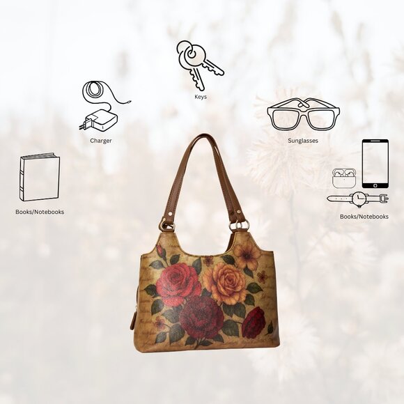 Genuine Leather Printed Shoulder Tote Bag for Women–Top Handle Handbag Daily Use - Picture 4 of 9